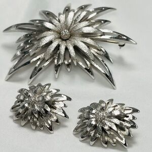 Vintage MONET Brushed Silver Domed Flower Brooch, and Clip Earrings.